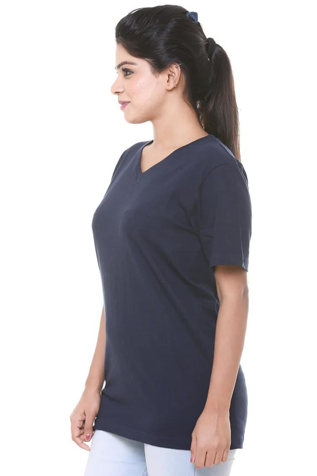 Women Plain Navy Blue V Neck T- Shirt
