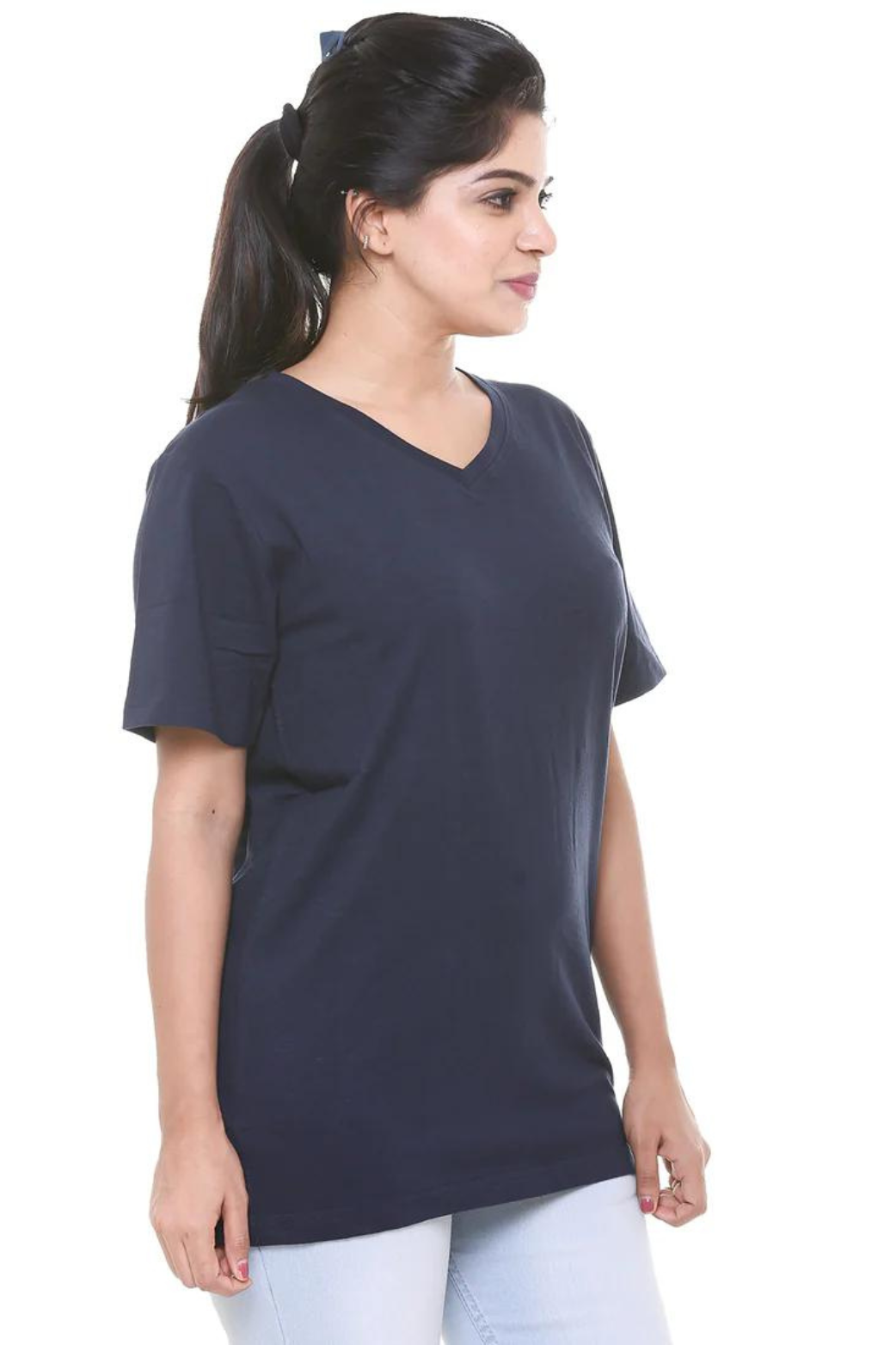 Women Plain Navy Blue V Neck T- Shirt