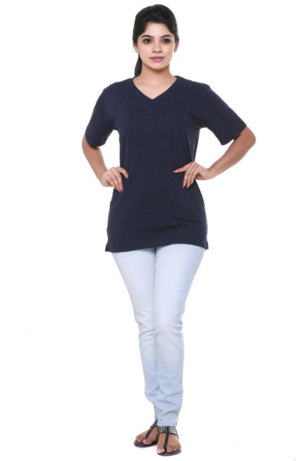 Women Plain Navy Blue V Neck T- Shirt