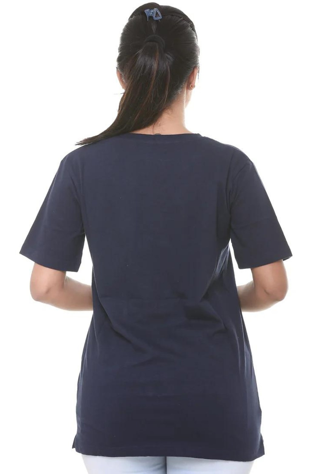 Women Plain Navy Blue V Neck T- Shirt