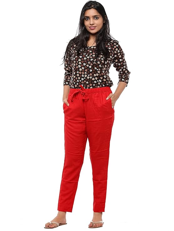 Women Plain Red  Ankle Pant