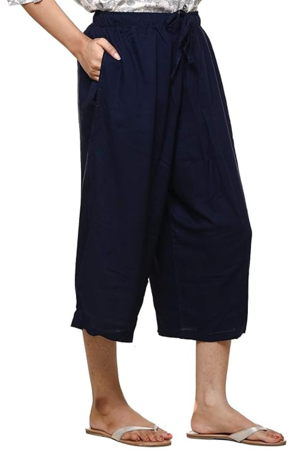 Women Plain Navy Blue 3/4th Palazzo Pant