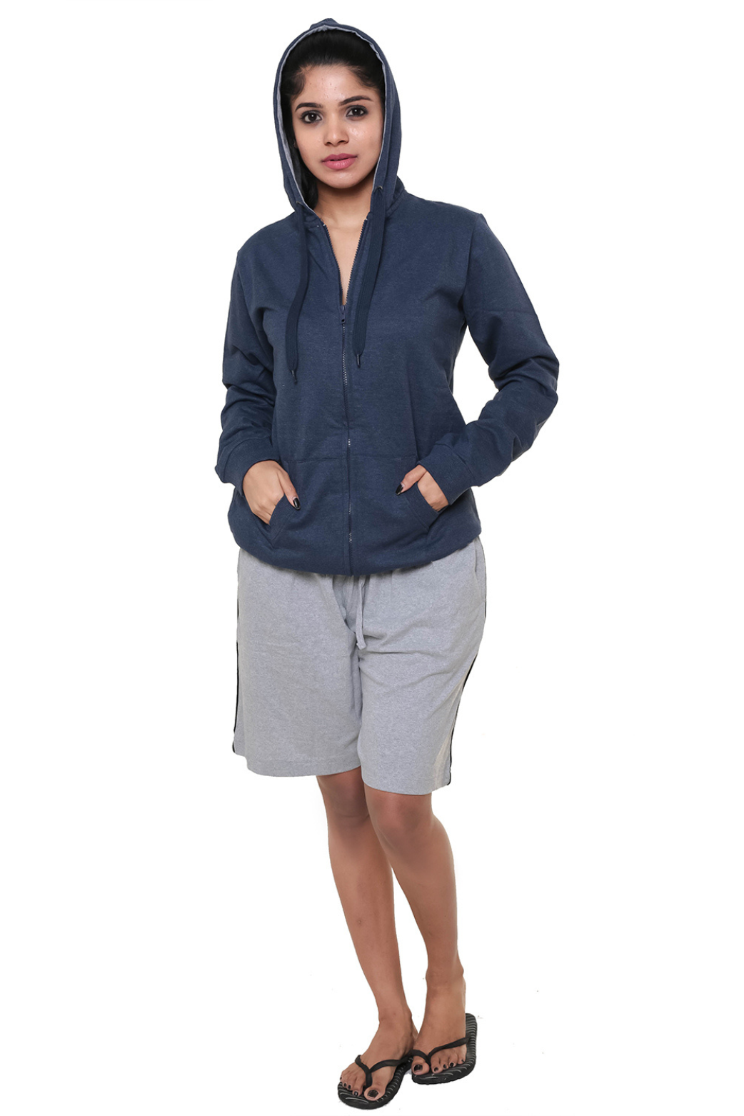 Women Plain Melange Blue Jacket