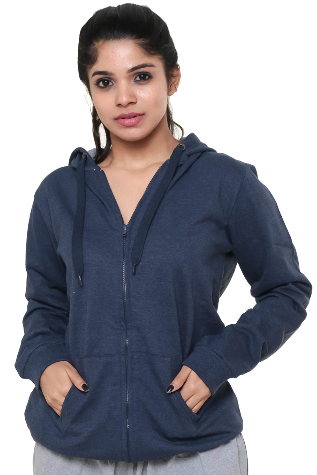 Women Plain Melange Blue Jacket