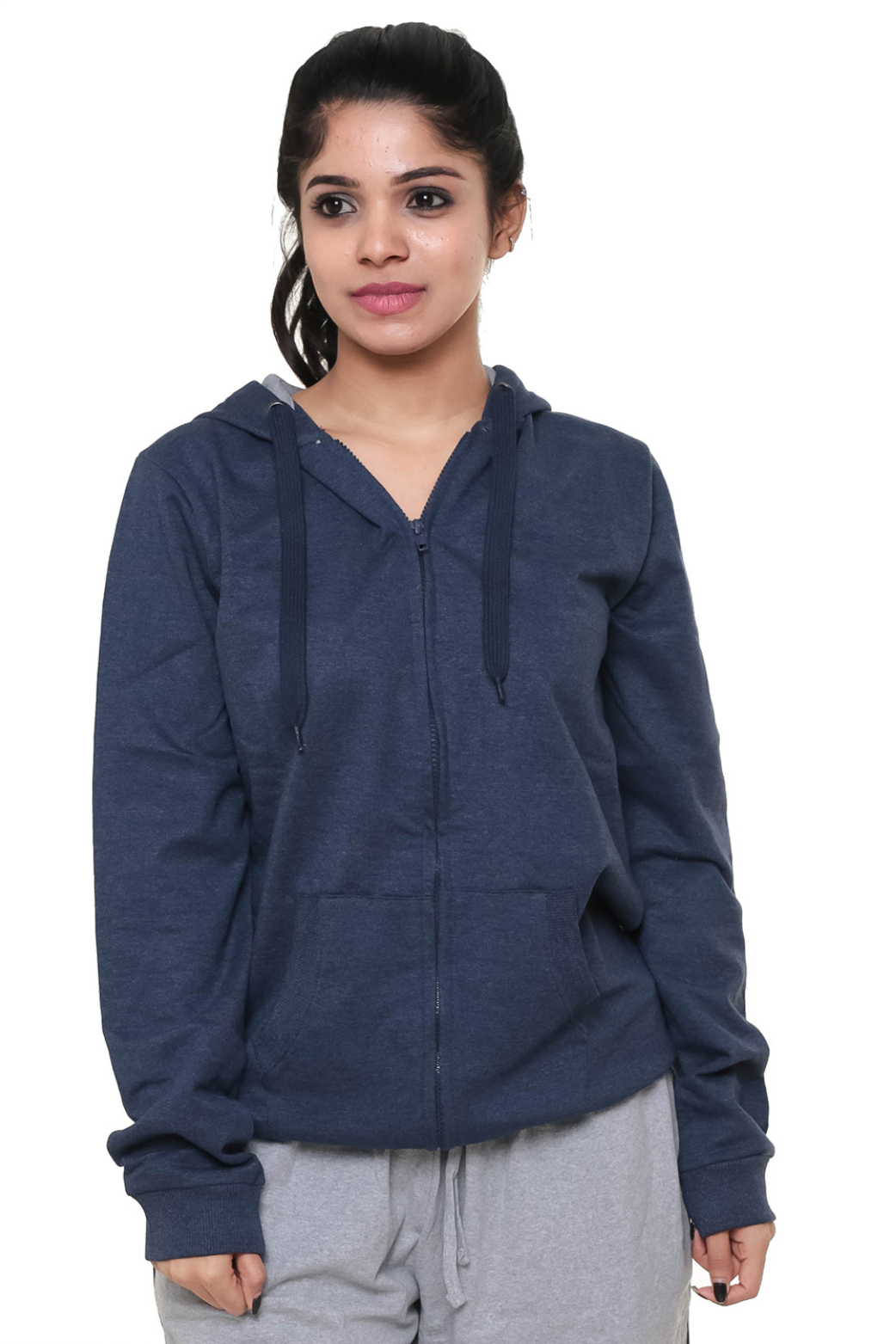 Women Plain Melange Blue Jacket