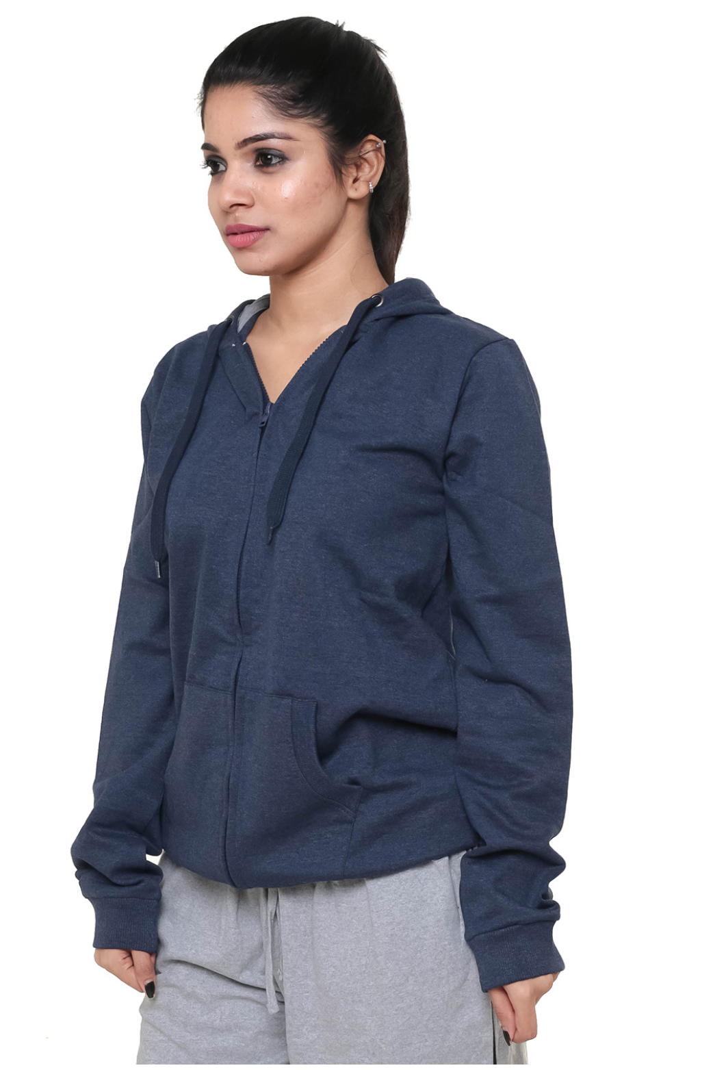 Women Plain Melange Blue Jacket