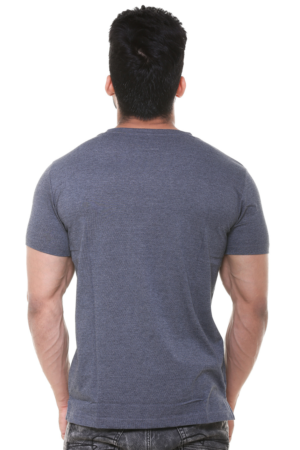 Men V Neck Melange Blue T - Shirt