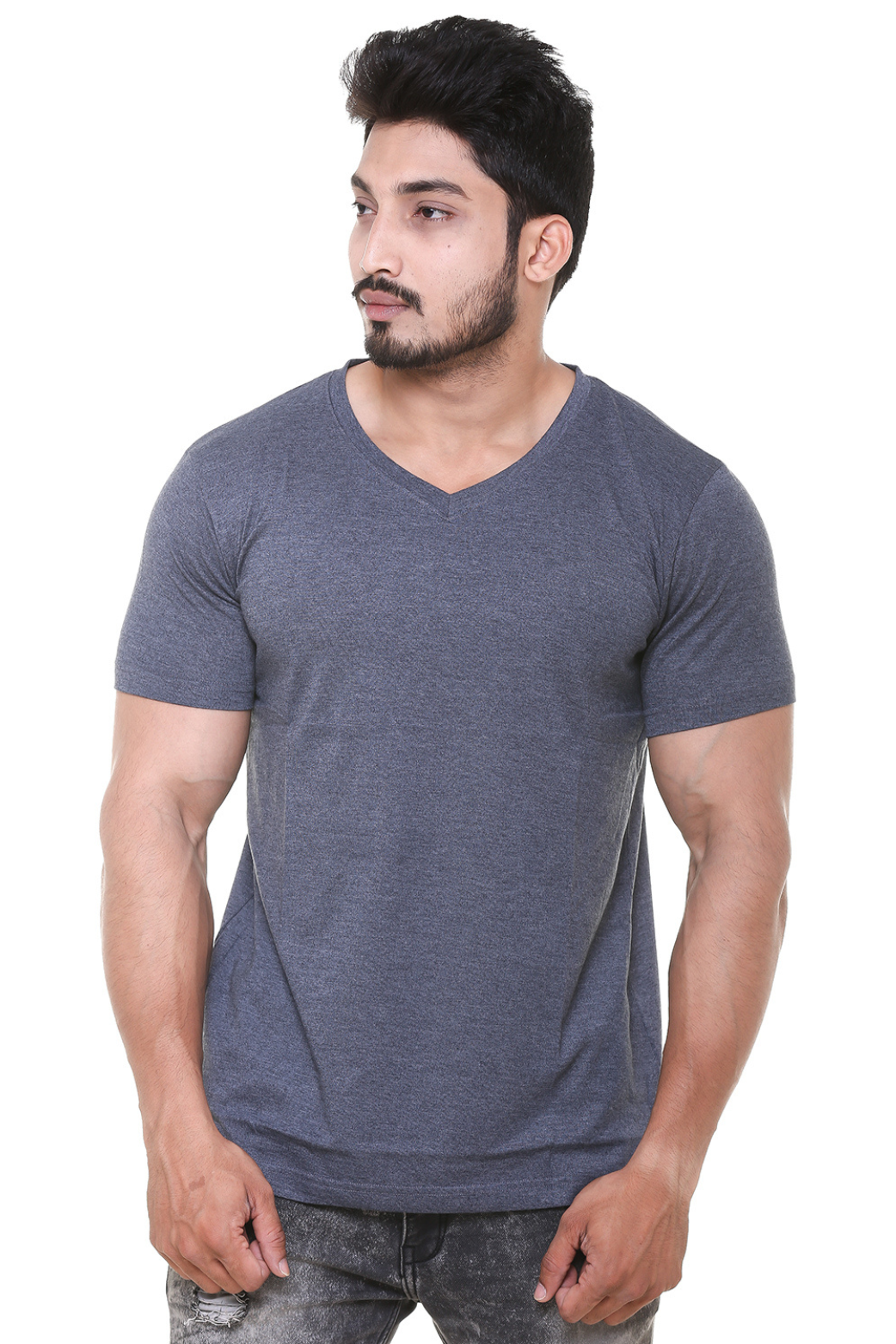 Men V Neck Melange Blue T - Shirt