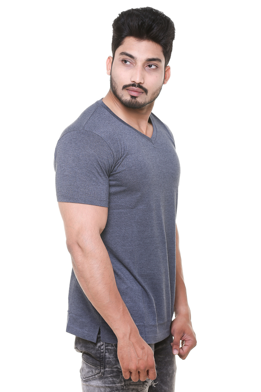 Men V Neck Melange Blue T - Shirt