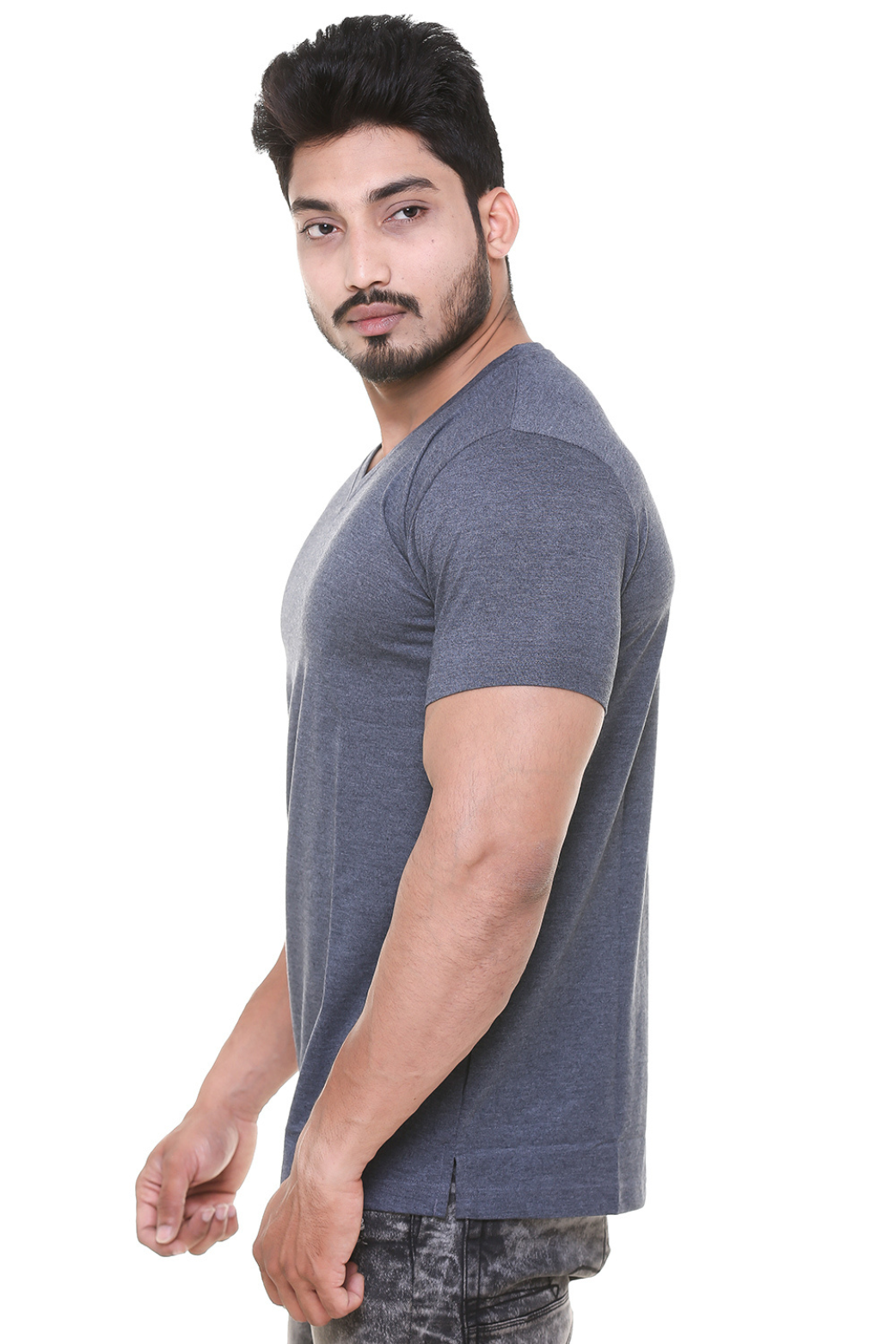 Men V Neck Melange Blue T - Shirt