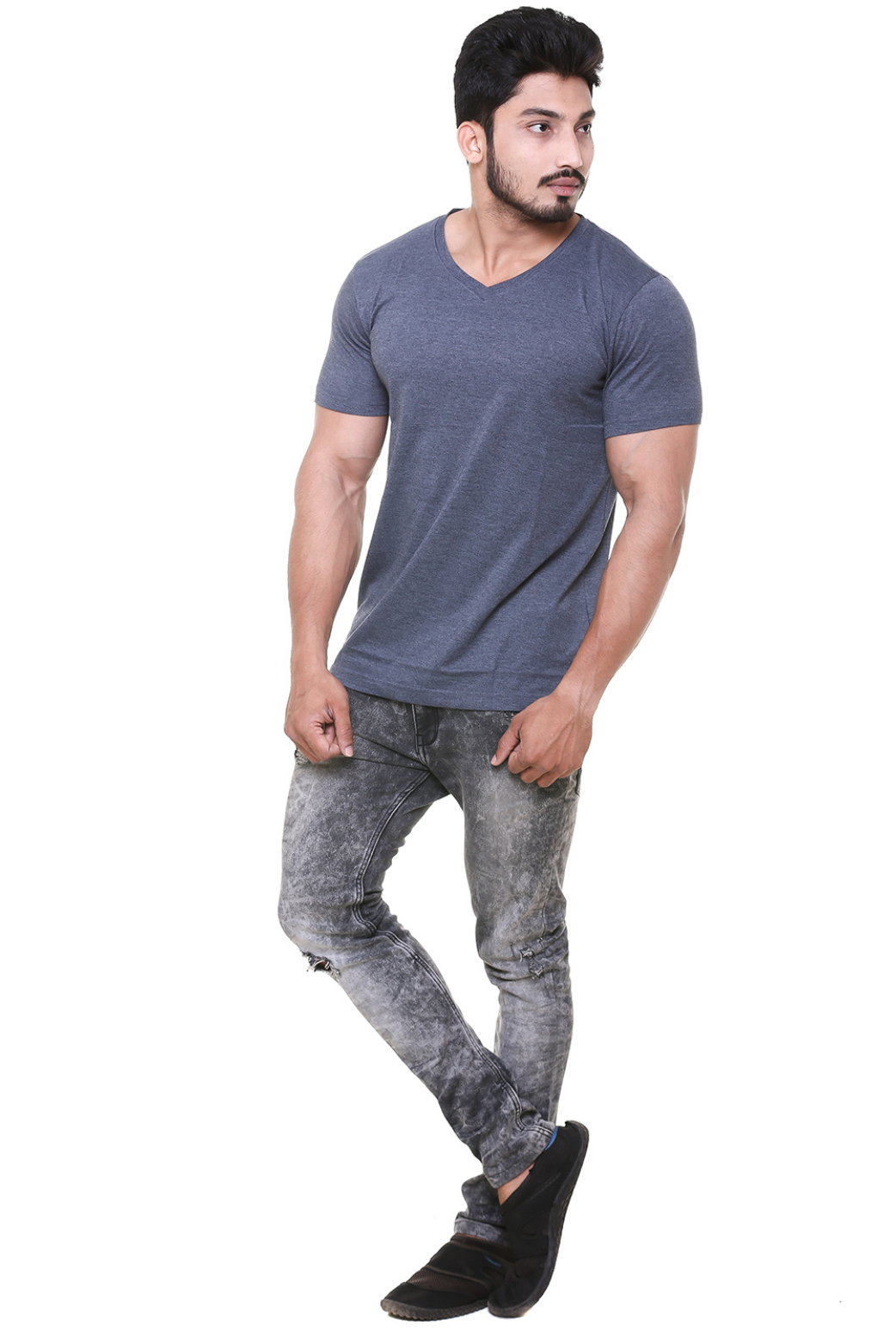 Men V Neck Melange Blue T - Shirt