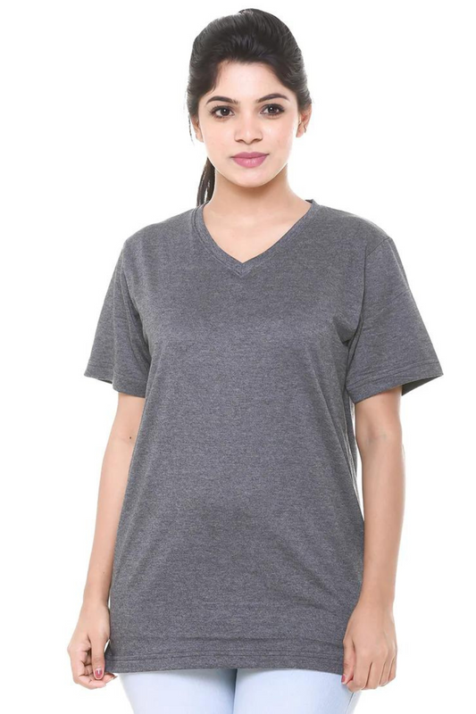 Women Plain Dark Grey V Neck T- Shirt