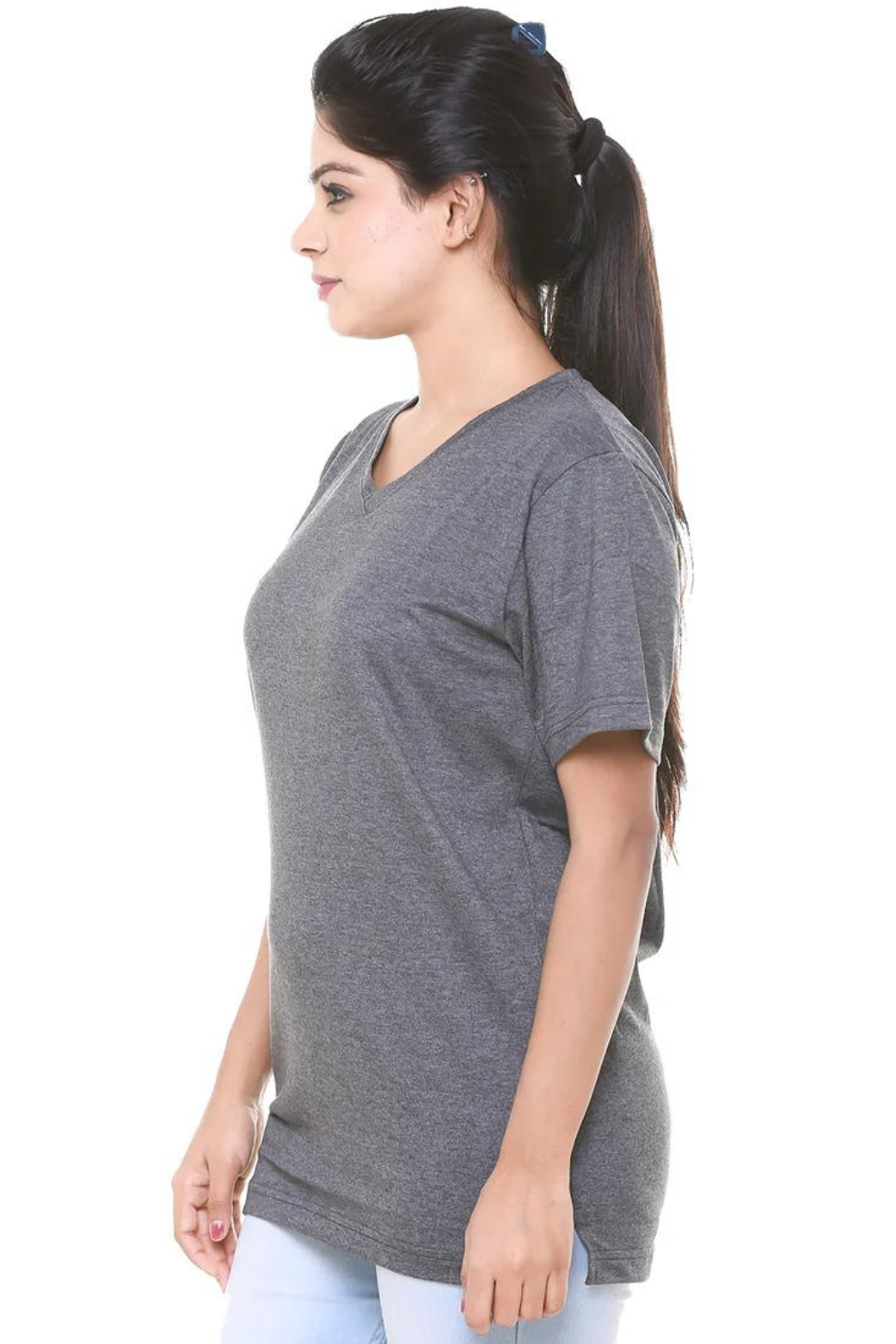 Women Plain Dark Grey V Neck T- Shirt