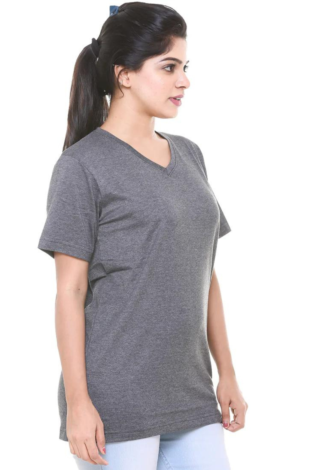 Women Plain Dark Grey V Neck T- Shirt