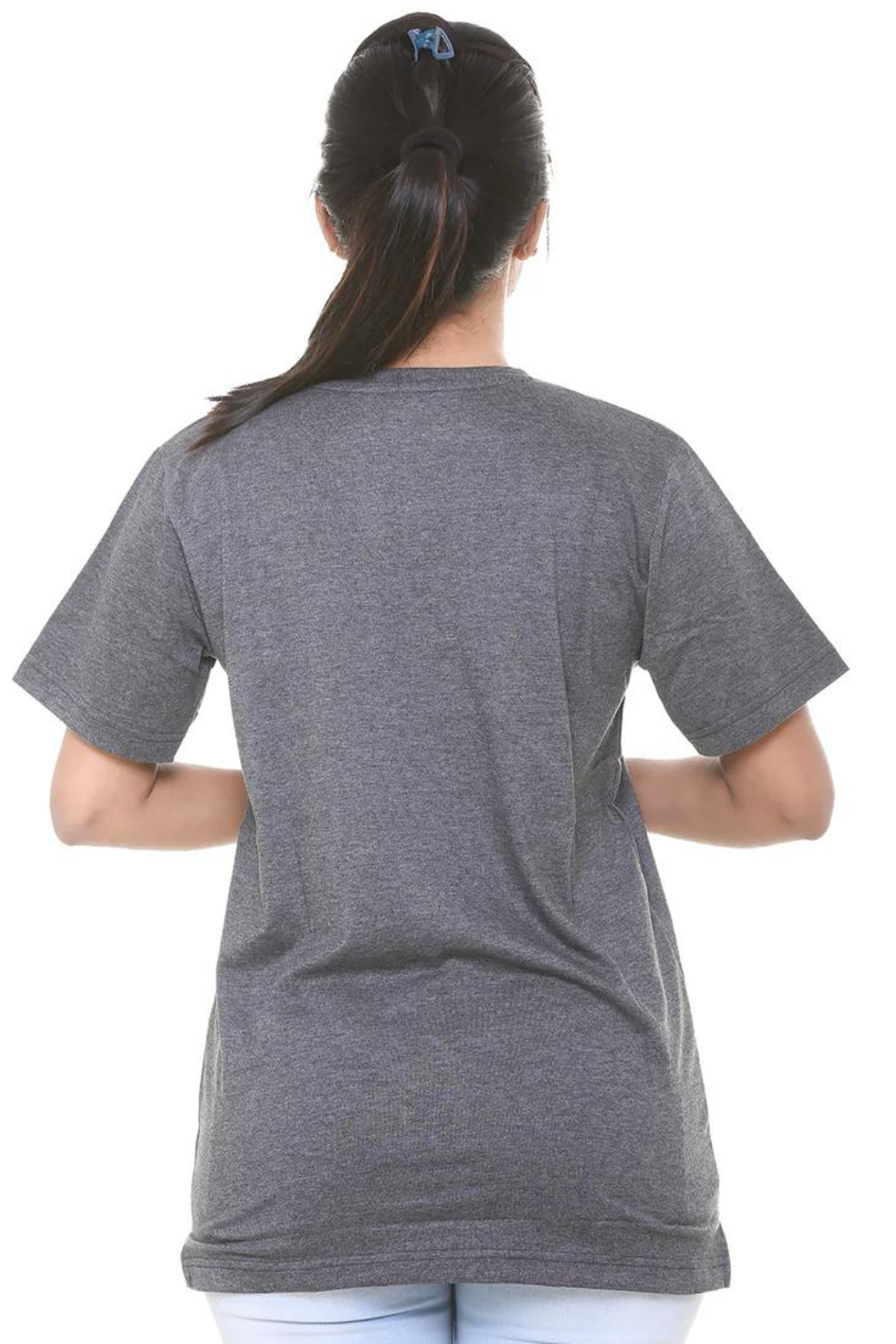 Women Plain Dark Grey V Neck T- Shirt