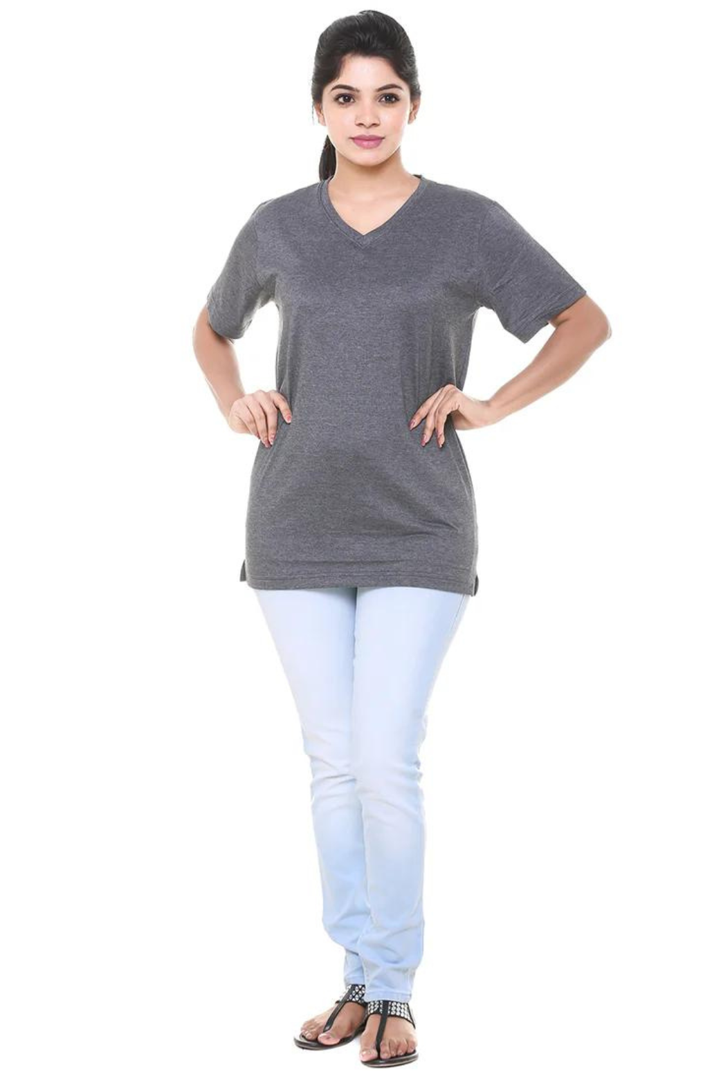 Women Plain Dark Grey V Neck T- Shirt