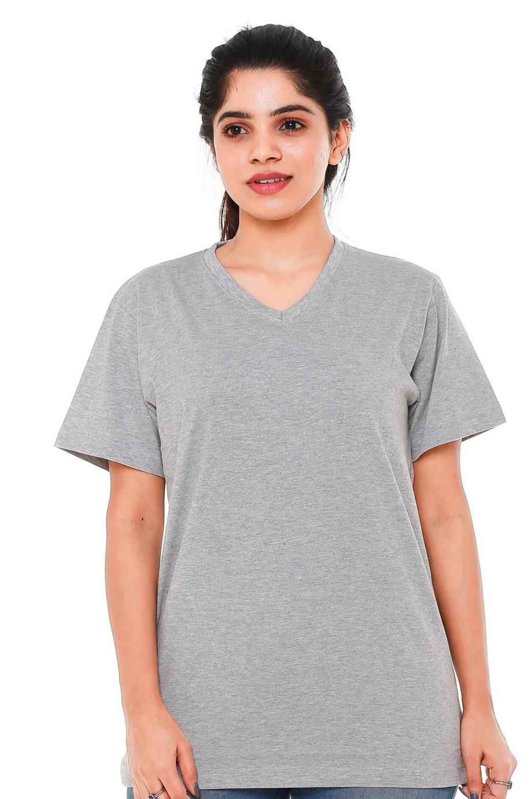 Women Plain Grey V Neck T- Shirt