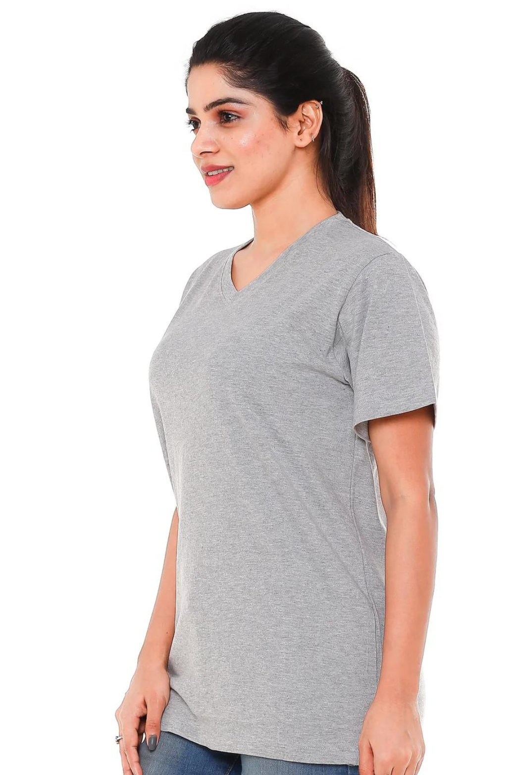 Women Plain Grey V Neck T- Shirt