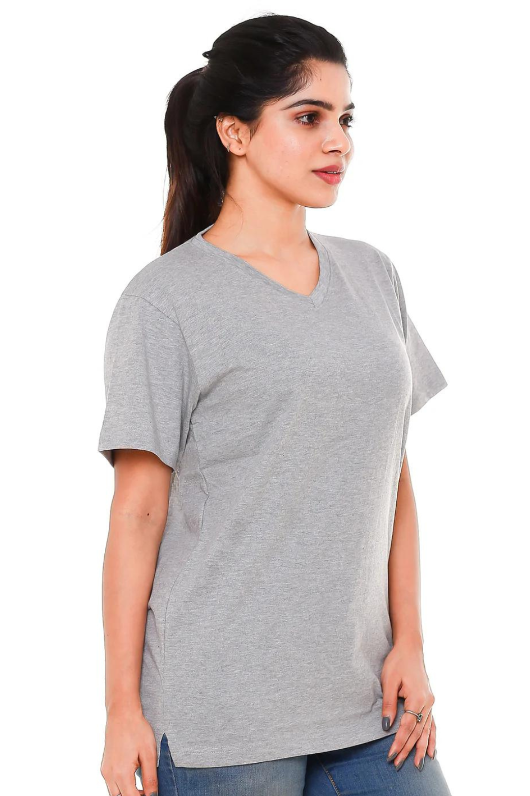 Women Plain Grey V Neck T- Shirt