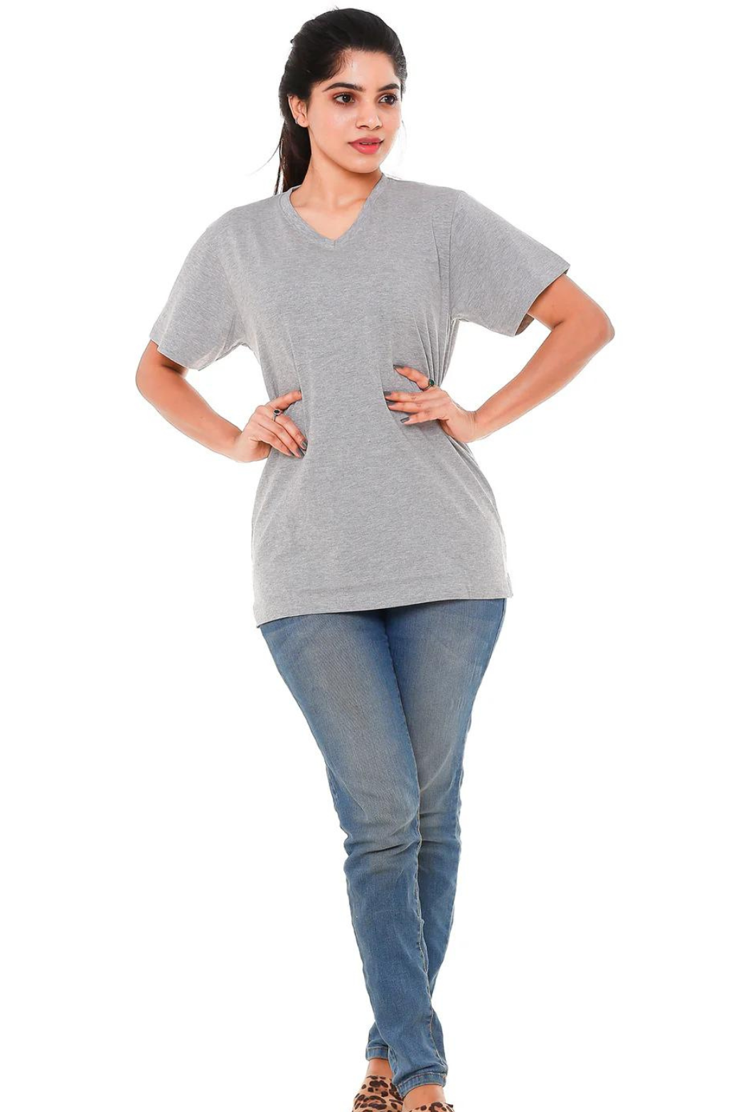 Women Plain Grey V Neck T- Shirt