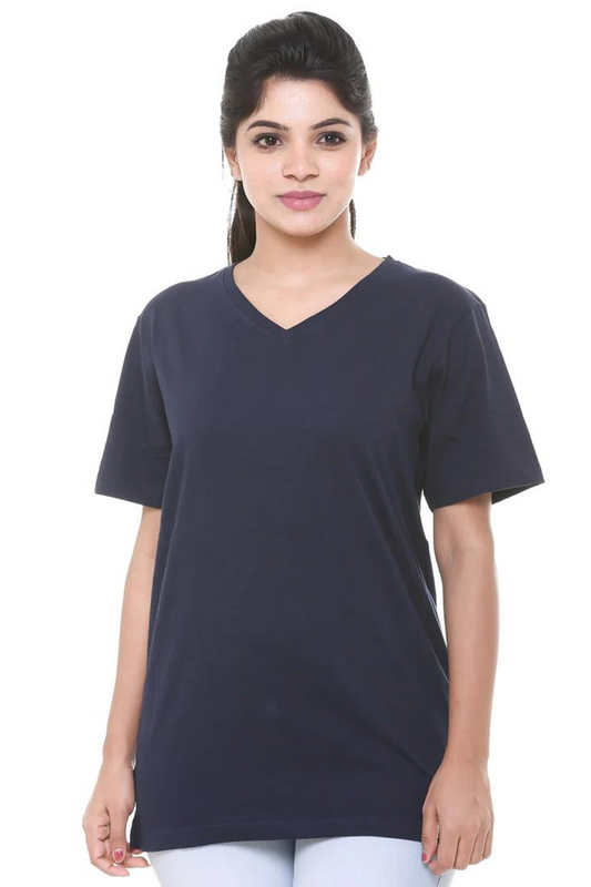 Women Plain Navy Blue V Neck T- Shirt