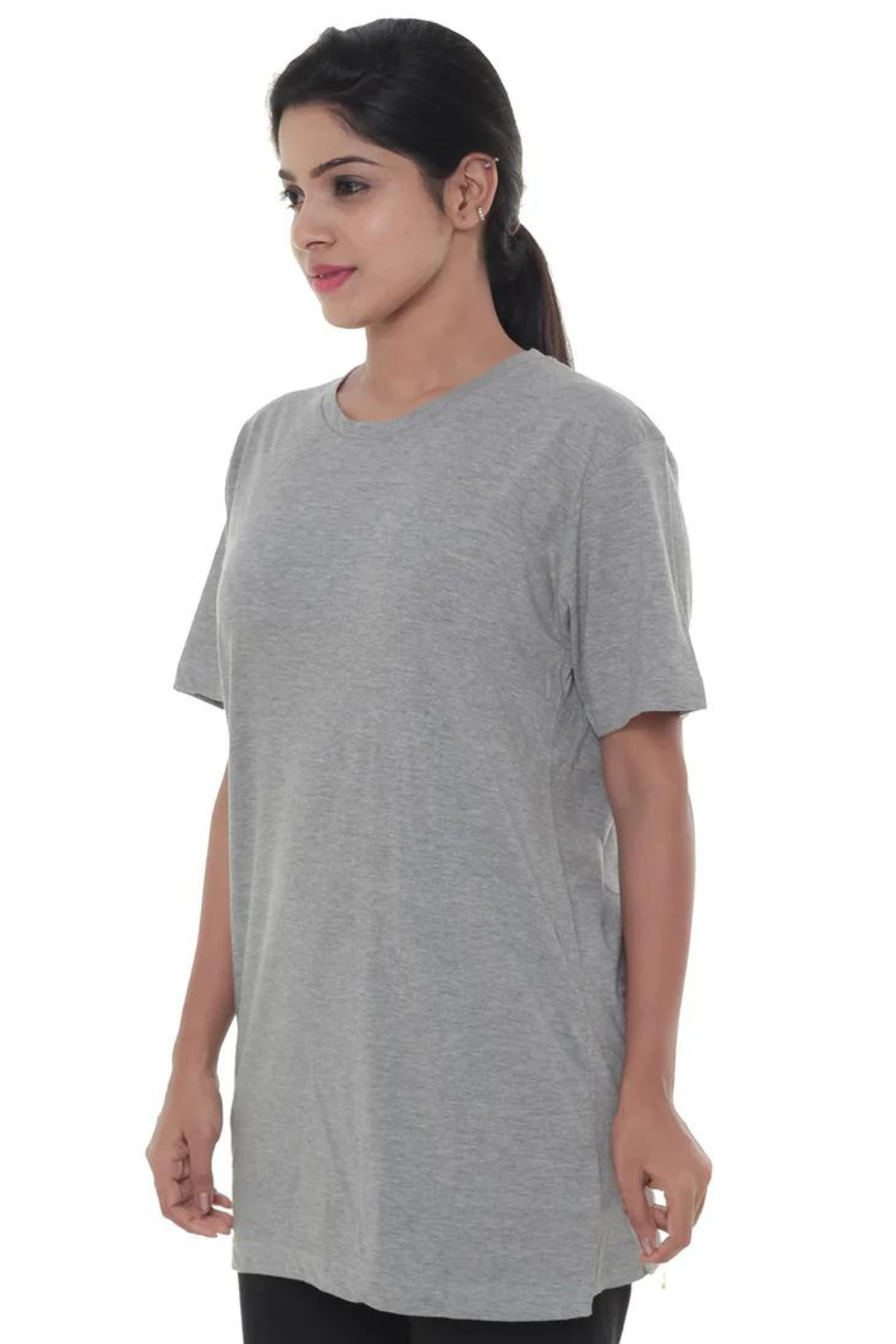 Women Plain Grey Round Neck T- Shirt